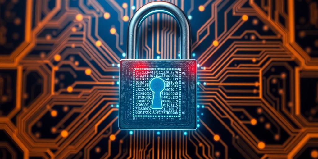 Digital lock on circuit board, representing cybersecurity trends.