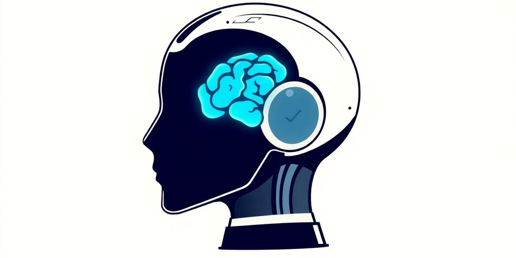 Minimalistic robot head with glowing brain.