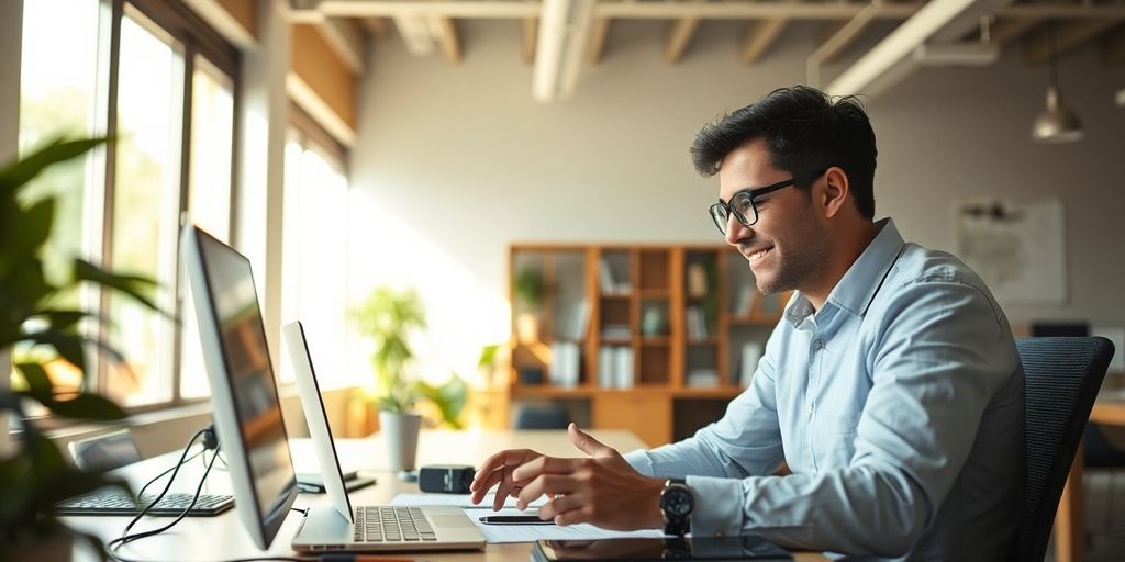 Entrepreneur at desk with modern tech in office setting.