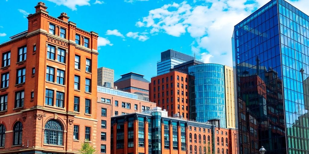 Distinct Manchester neighborhoods blending old and new architecture.