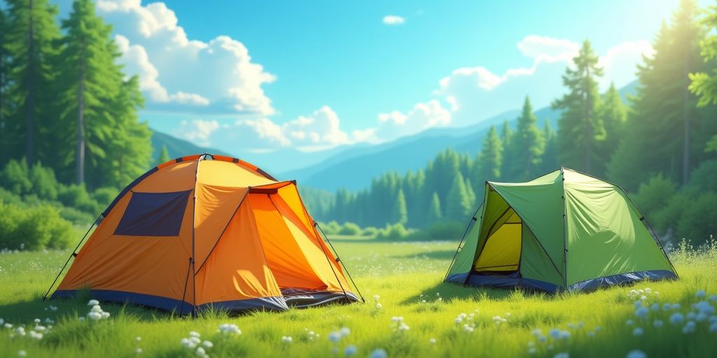 Familienzelt und Ultraleichtzelt in der Natur.