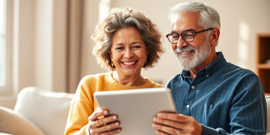 Happy senior couple using tablet.