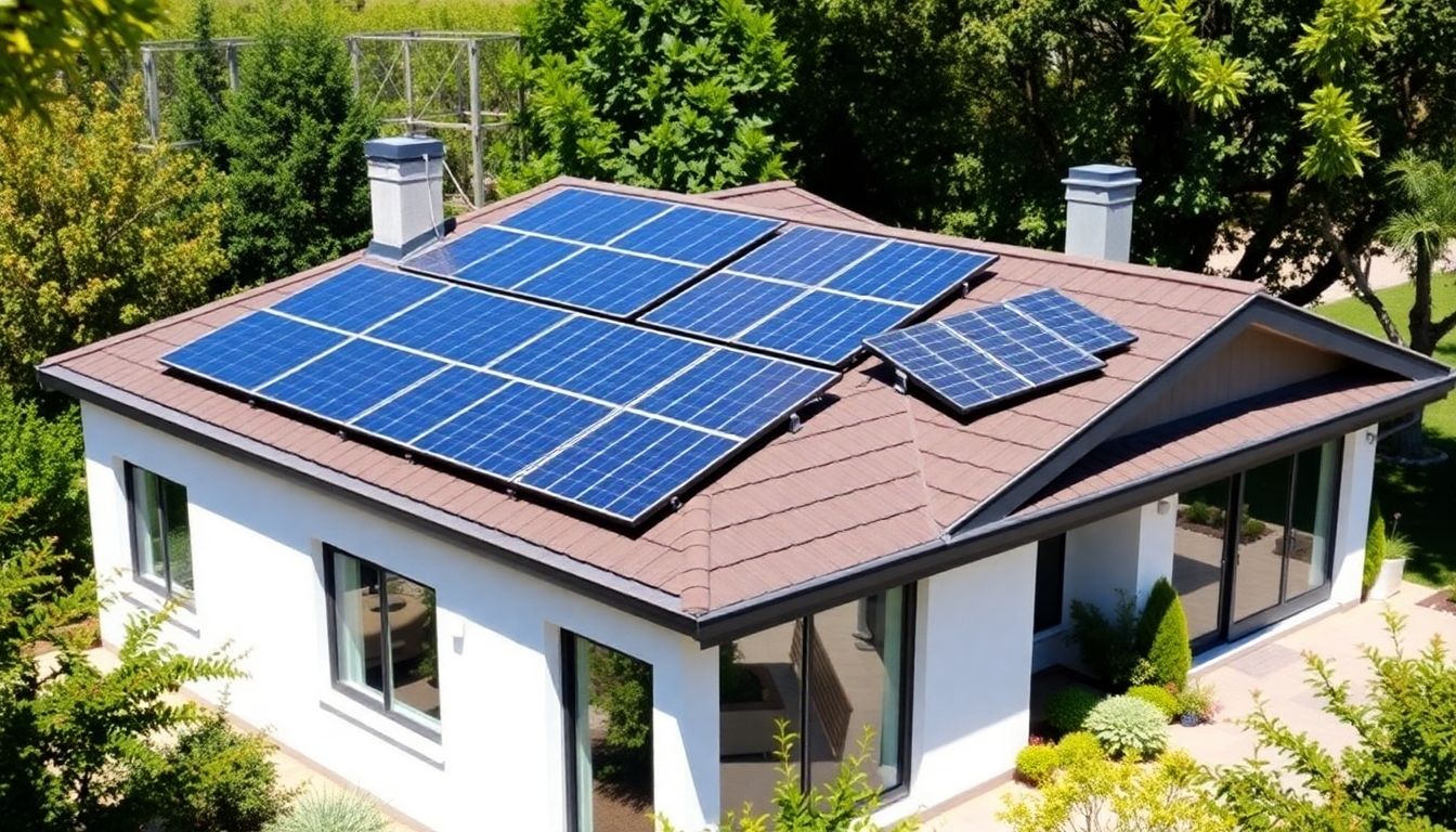 Modern home with solar panels and greenery.