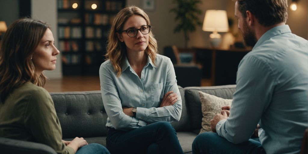 Couple discussing jealousy with a therapist in a session.