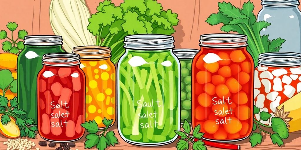 Jars of colorful fermented vegetables with herbs and spices.