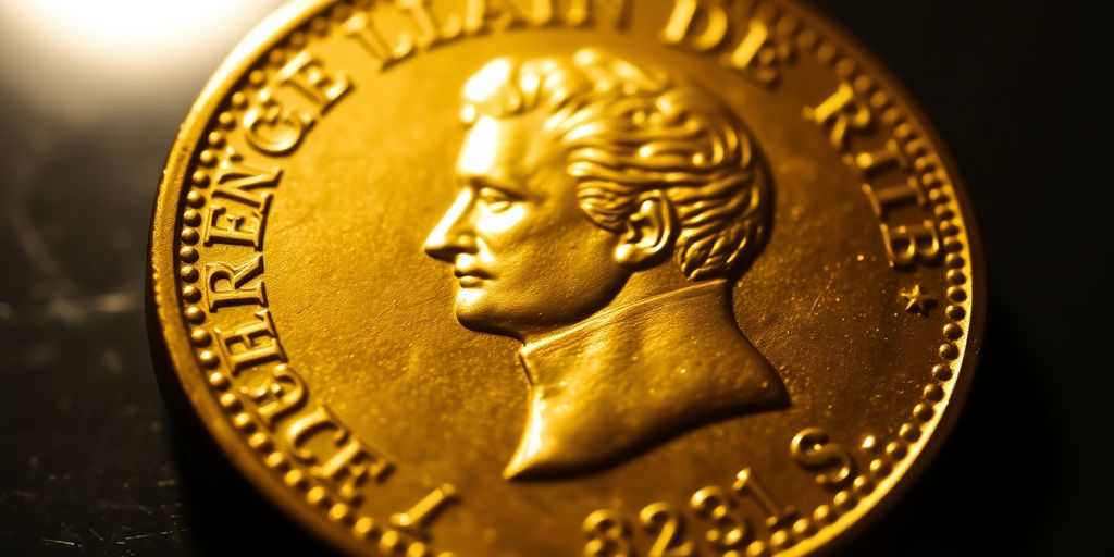 Pièce d'or Napoléon brillante, gros plan sur l'effigie.