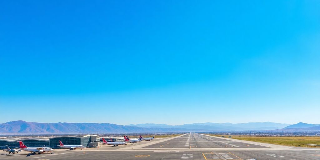Aéroport de Fès Saïss : terminal moderne, avions, piste, montagnes au loin.