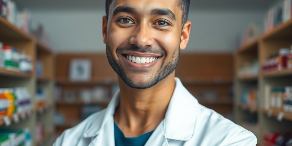 Pharmacist in white coat, smiling.