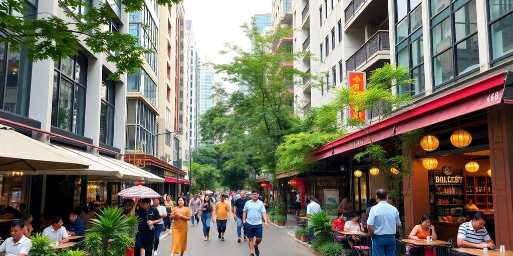 Bustling Sukhumvit street with modern architecture and greenery.