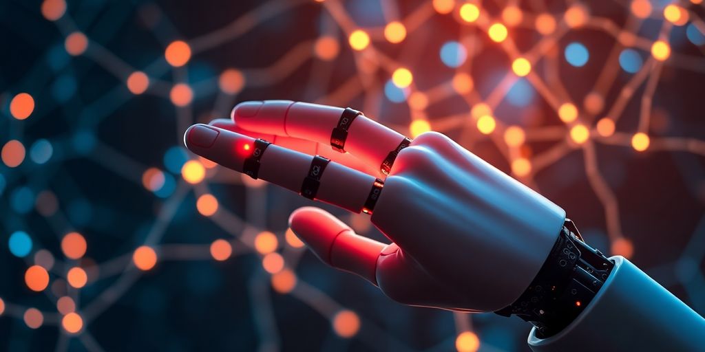 Robotic hand interacting with a glowing neural network.