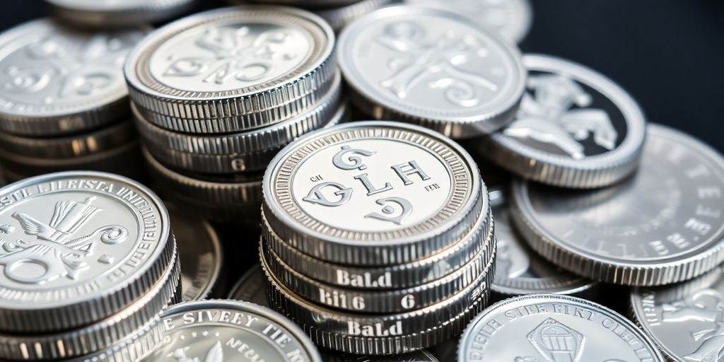 Pièces et lingots d'argent en gros plan.