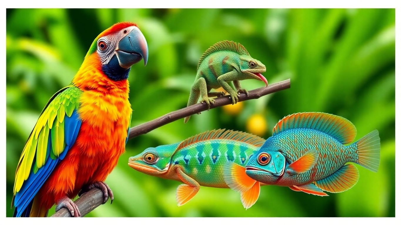 Colagem de animais exóticos como papagaio e camaleão.