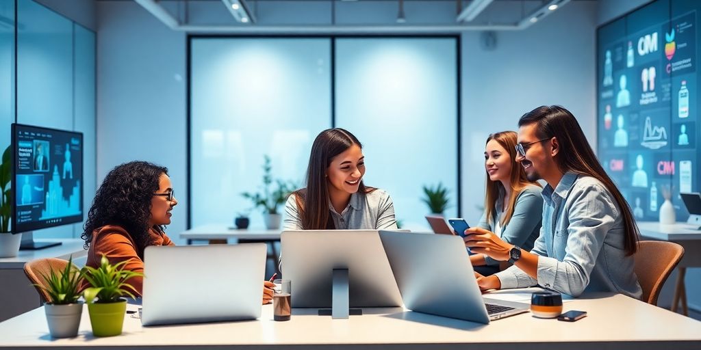 Profissionais de marketing digital em ambiente moderno.