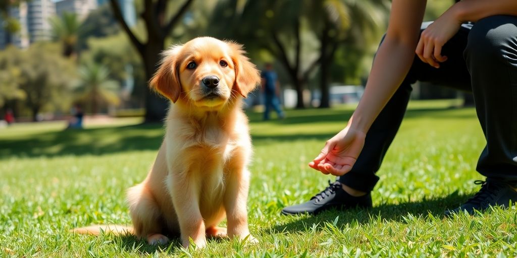 Happy puppy learning tricks with owner in Sydney park.