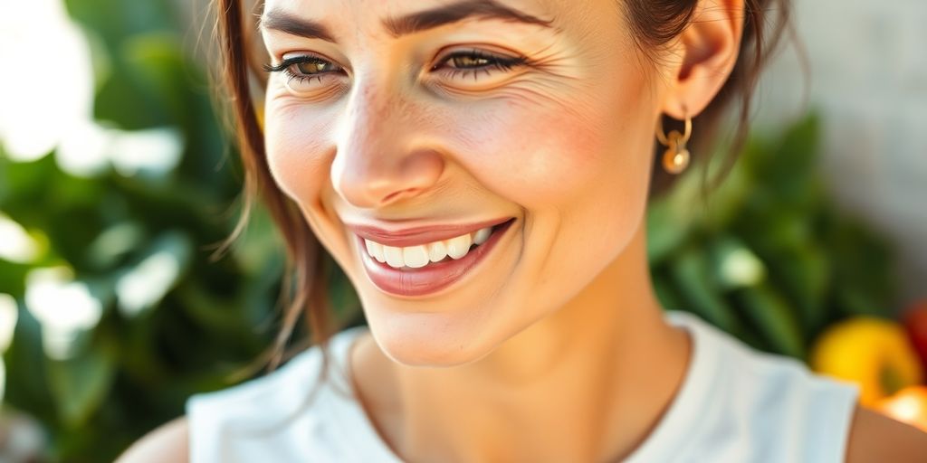 Woman vibrant, eating healthy, surrounded by green.