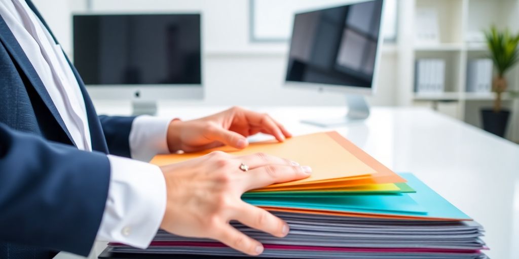 Modern office assistant organizing documents.