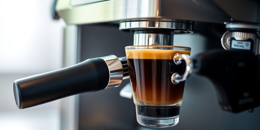 Close-up of a preinfusion espresso machine with espresso.