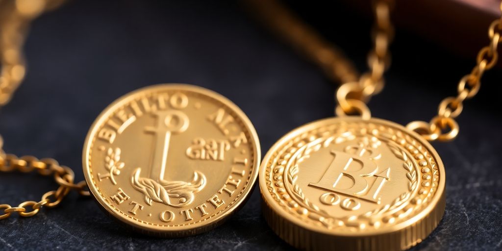 Pièces d'or et collier hérité sur fond flou.