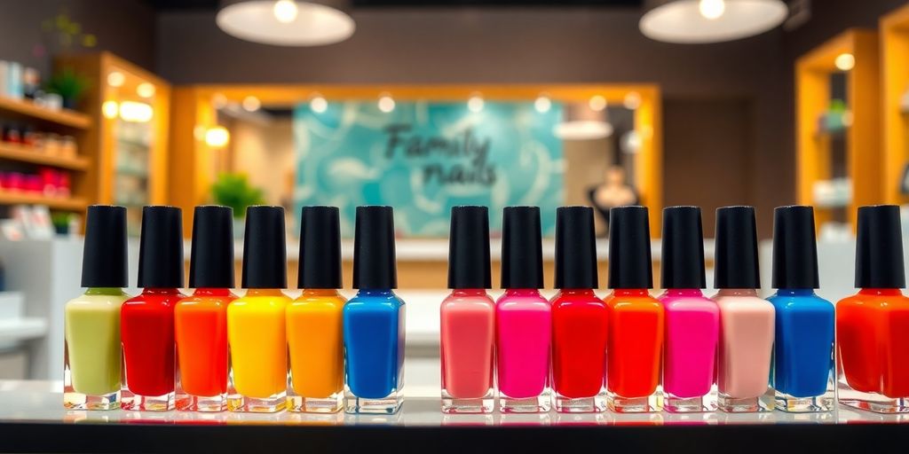 Colorful nail polish bottles in a cozy salon.