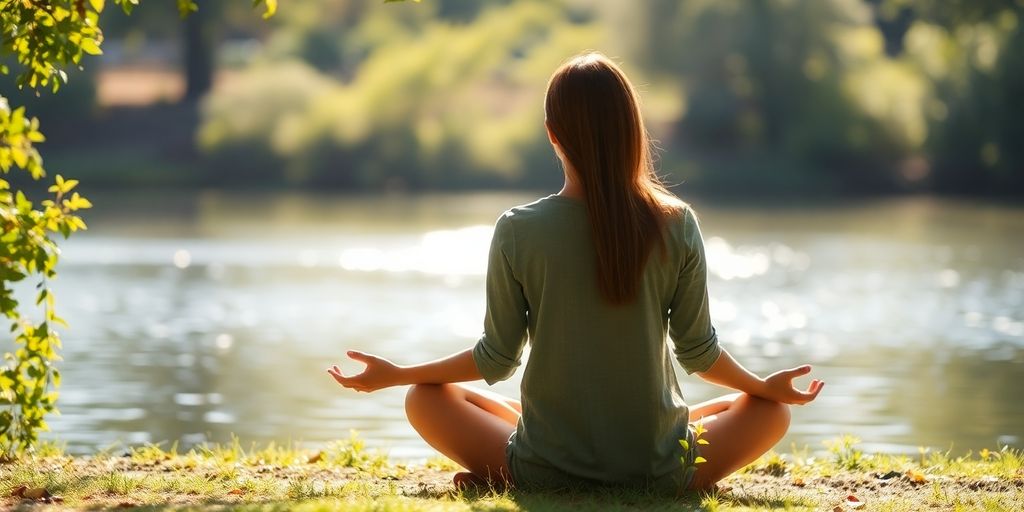 Person meditates peacefully in a tranquil natural setting.