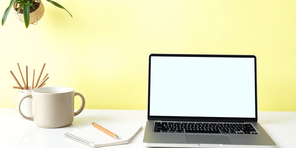 A bright workspace with a laptop and notepad.