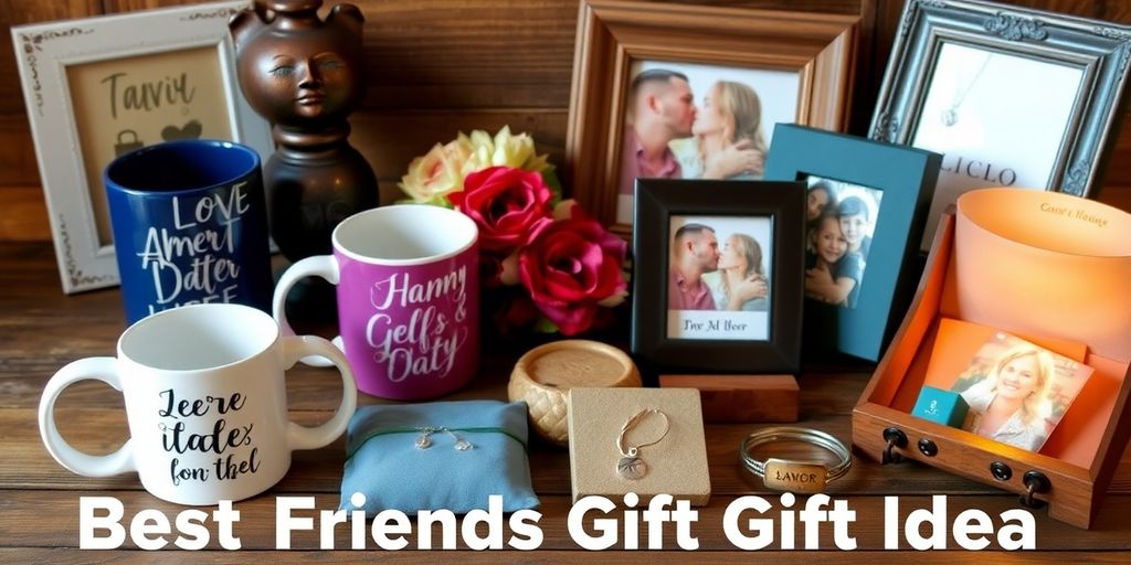 Personalized gifts for best friends on a wooden table.