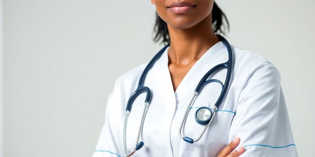 Nurse practitioner with stethoscope, professional affiliation badge.