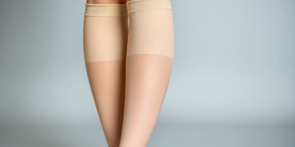 Pair of compression socks on human legs.