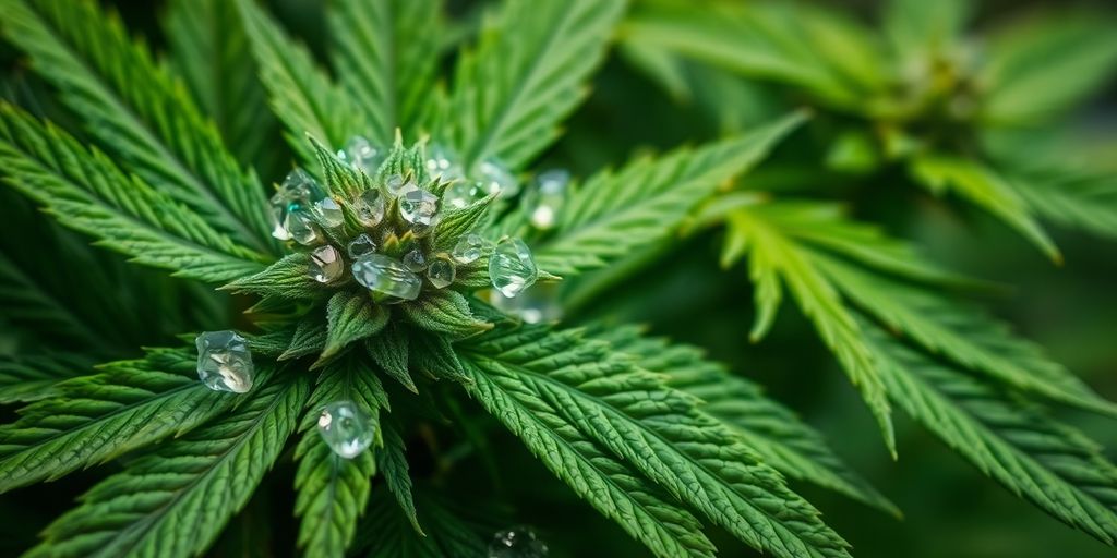 Канабисови листа с кристали на THC-P.