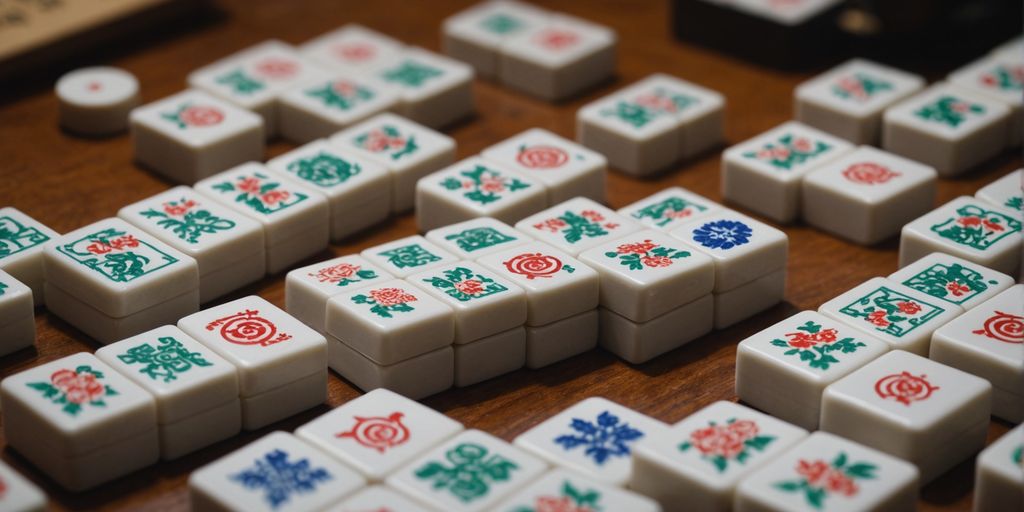 Mahjong character tiles neatly arranged on a wooden table.