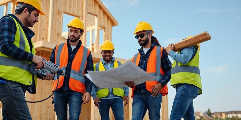 Construction workers building a house with tools.