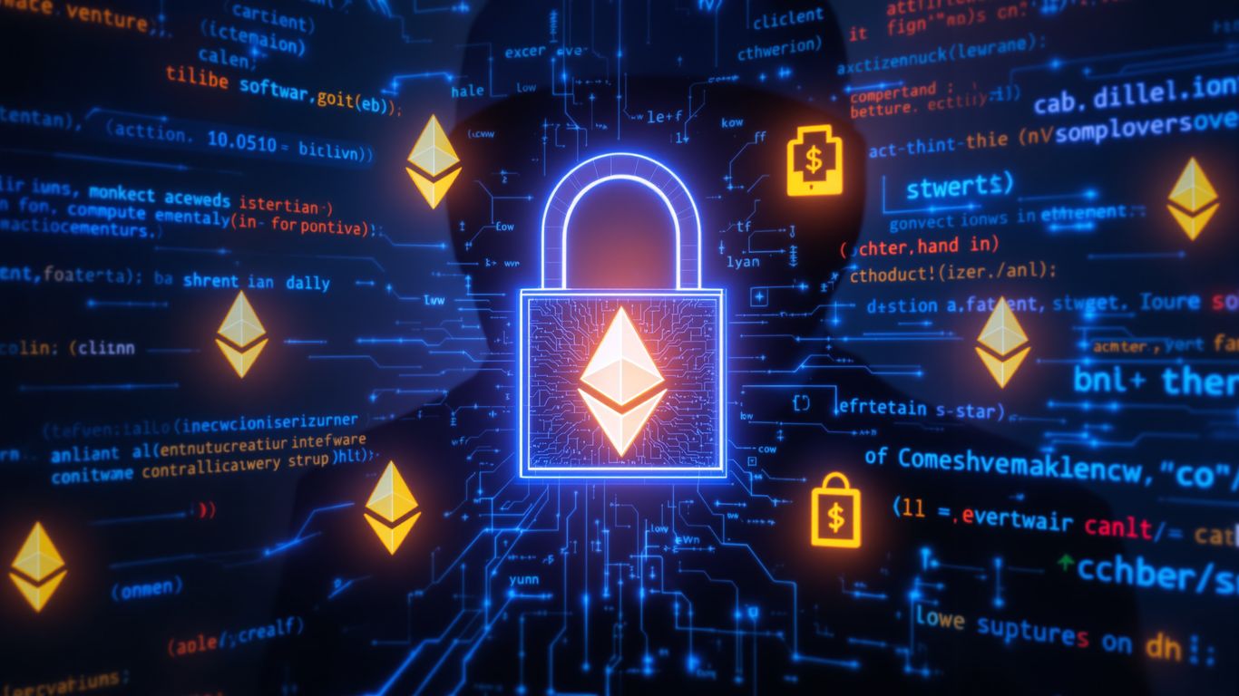 Digital lock with Ethereum symbols and code, shadowy figure.