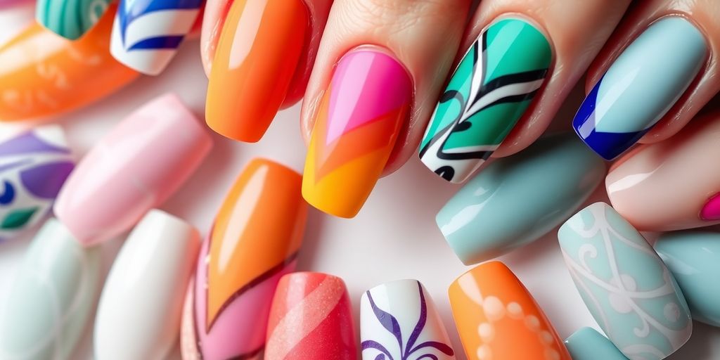 Colorful press on nails in various designs and styles.