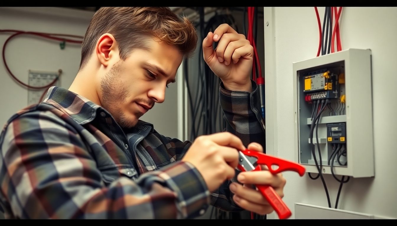 Electrician working on commercial wiring in London office.