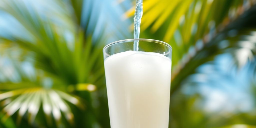 Fresh coconut water in a clear glass with tropical background.
