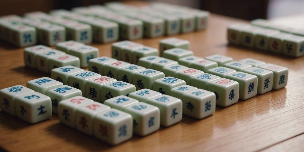 Close-up of Mahjong tiles on a wooden table, perfect for beginners learning the basic rules of the game.