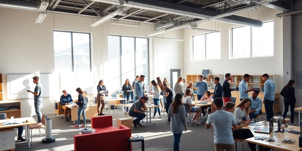 Students collaborating in a modern, bright innovation lab.