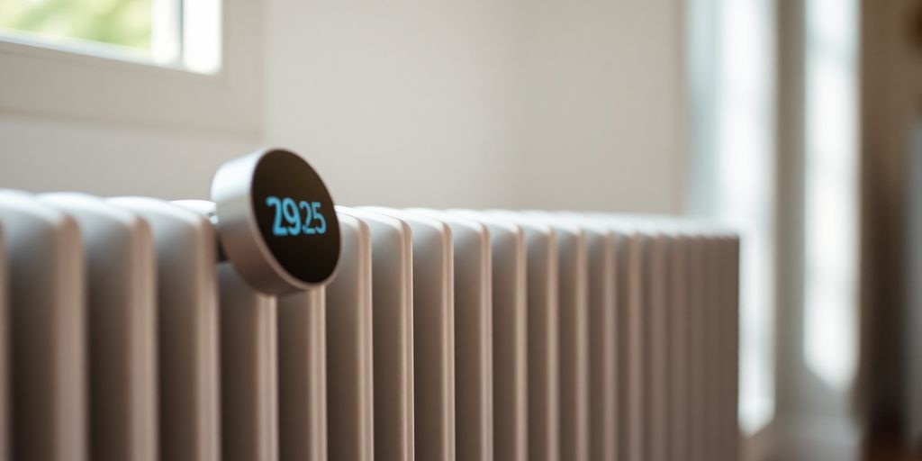 Smartes Heizkörperthermostat auf einem modernen Heizkörper.