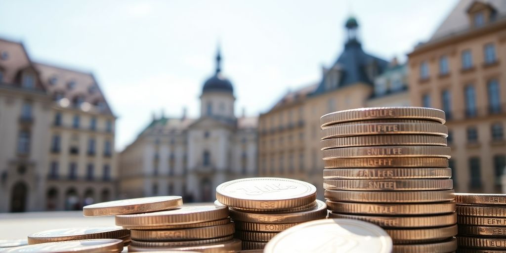 Pièces d'argent empilées. Bâtiments européens derrière.