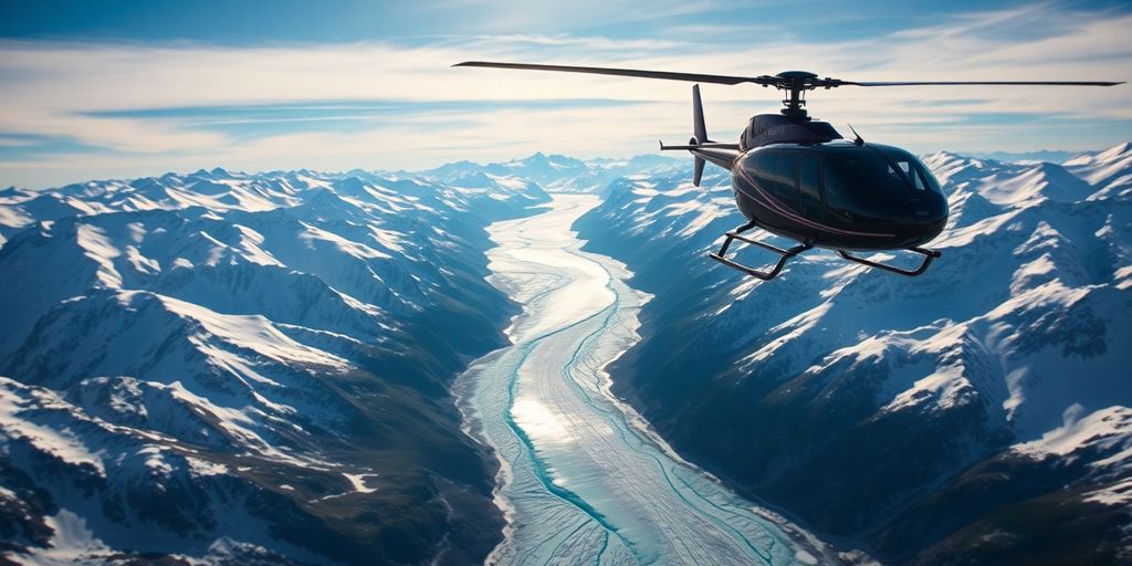 A helicopter soars above vast Alaskan mountains and glaciers.