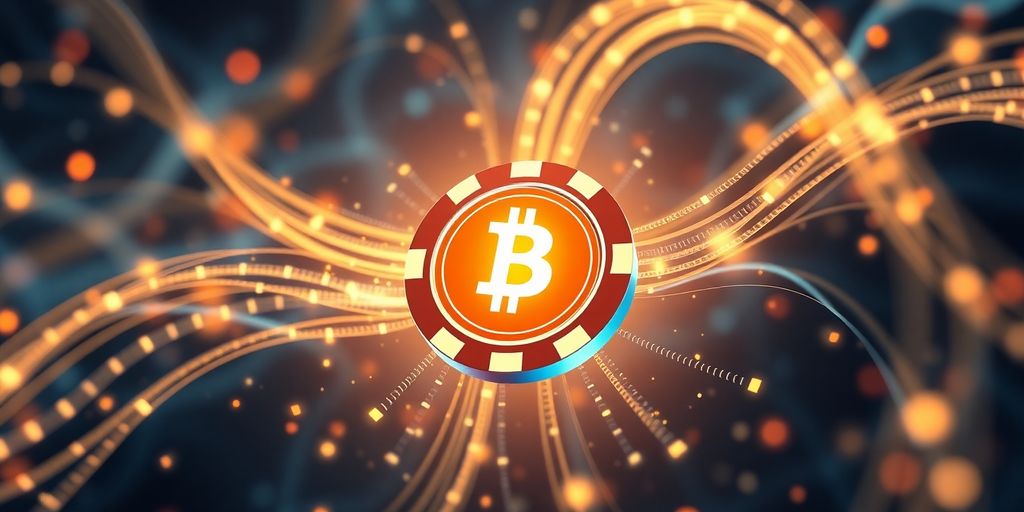 Digital coins swirling around a glowing casino chip.