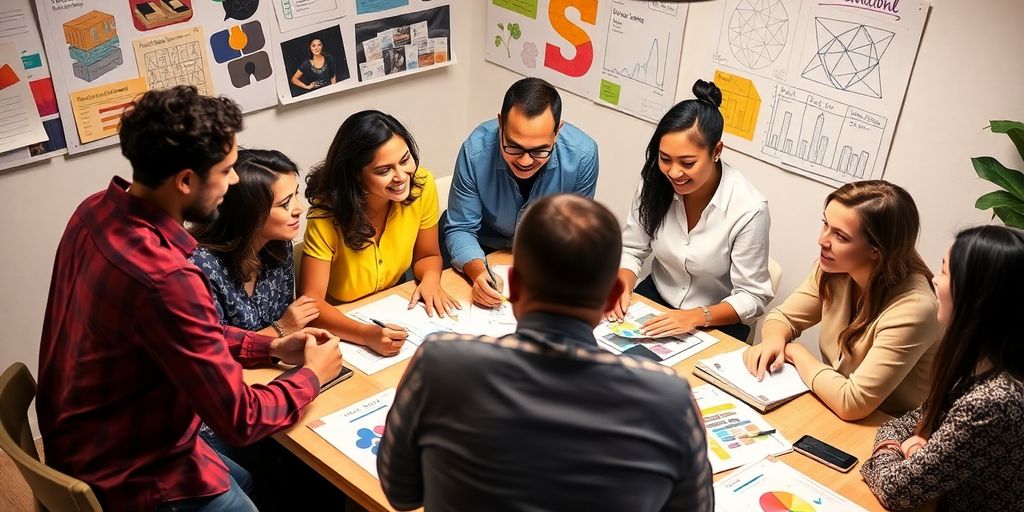 Diverse team collaborating on brand development ideas around table.