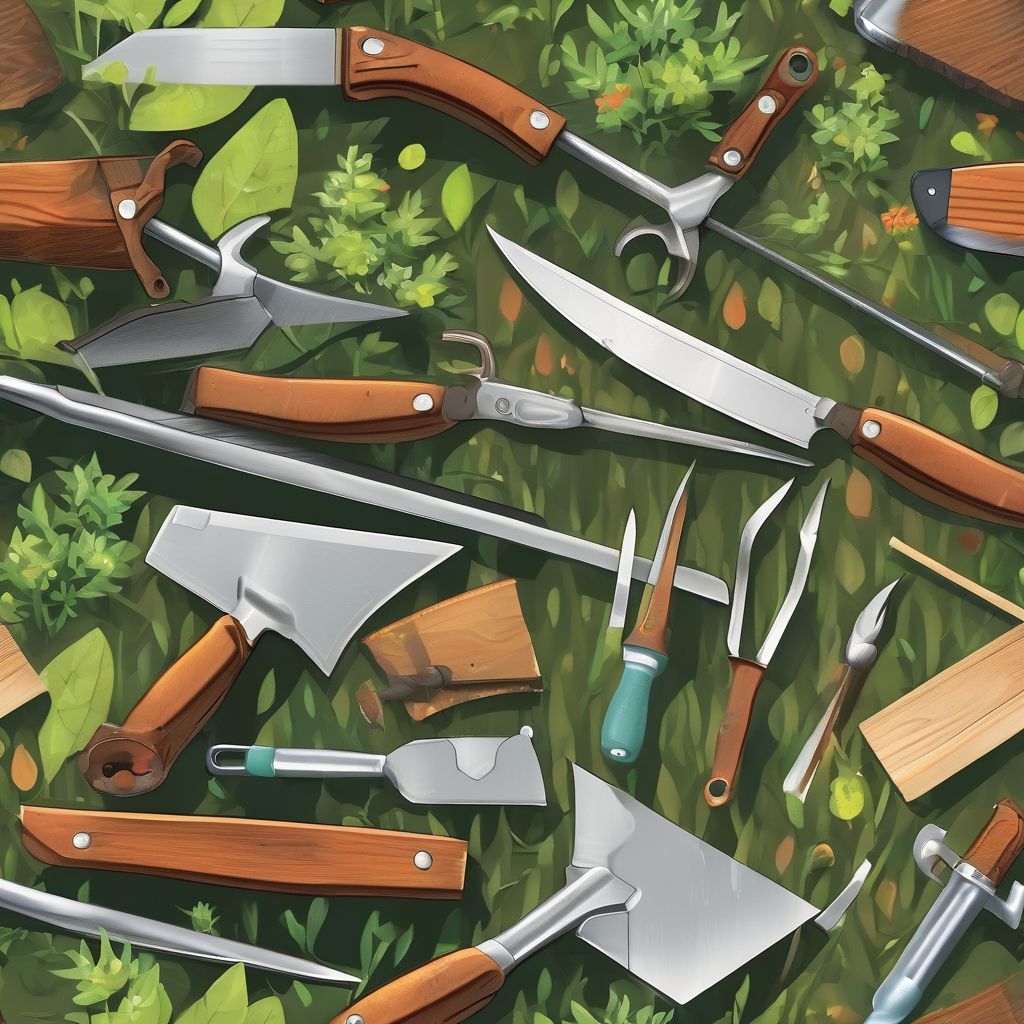 sharpening garden tools in a well-maintained garden