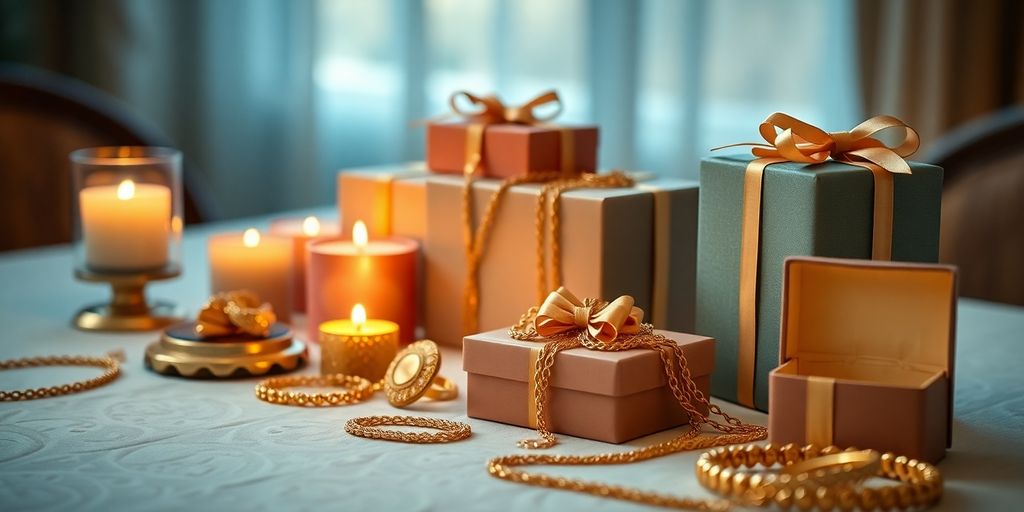 Table avec bijoux en or et boîtes cadeaux.