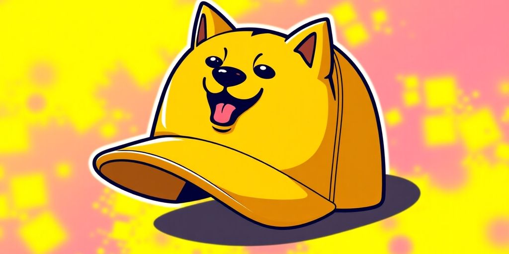 Colorful Dogecoin meme hat on a vibrant background.