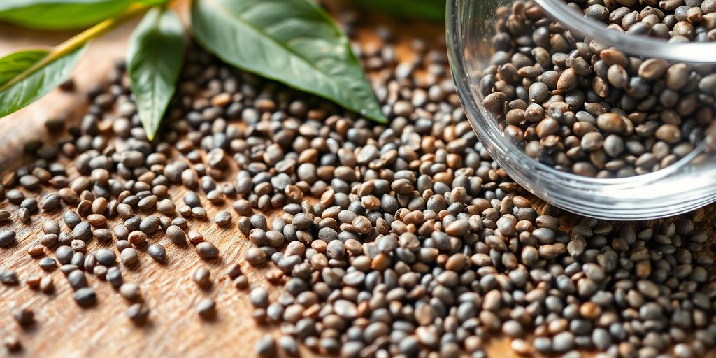 Chia seeds on a wooden surface with green leaves.