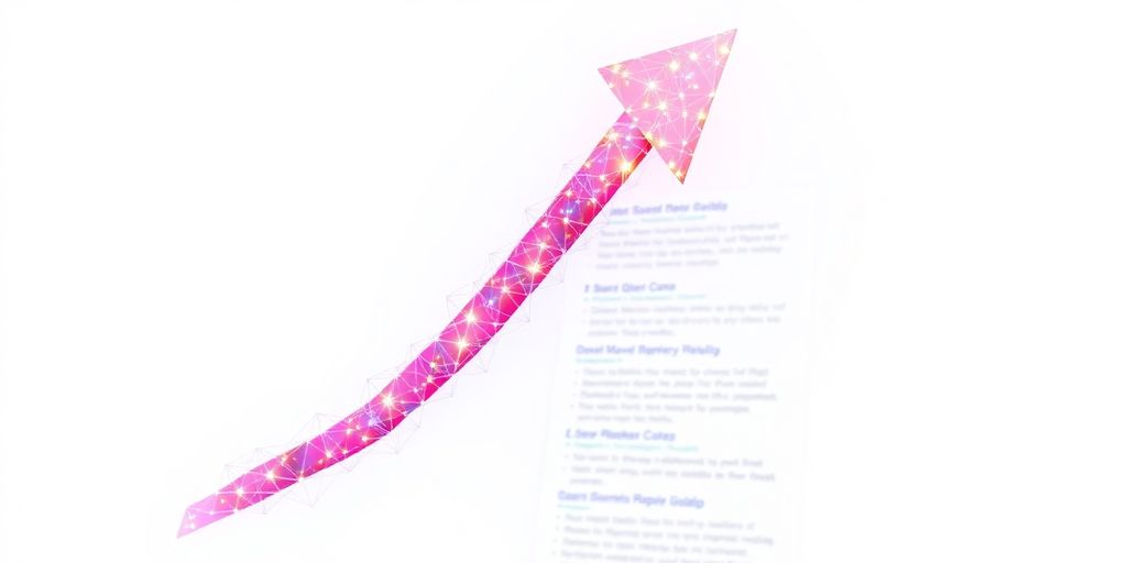 Upward arrow made of digital nodes, breaking through search results.