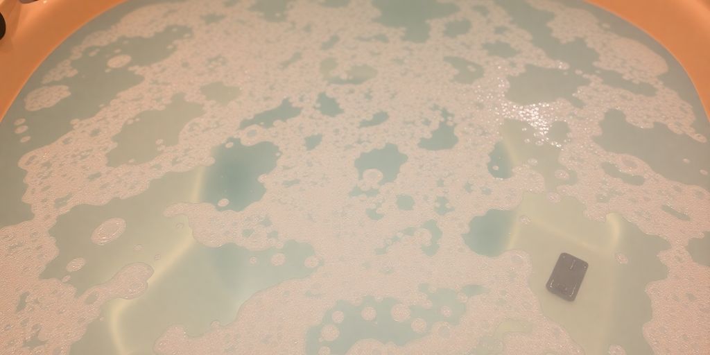 A person relaxing in a bubbling hot tub.