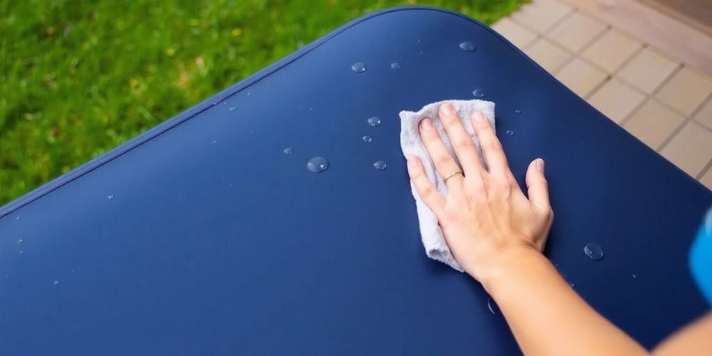 Well-maintained hot tub cover in a backyard.