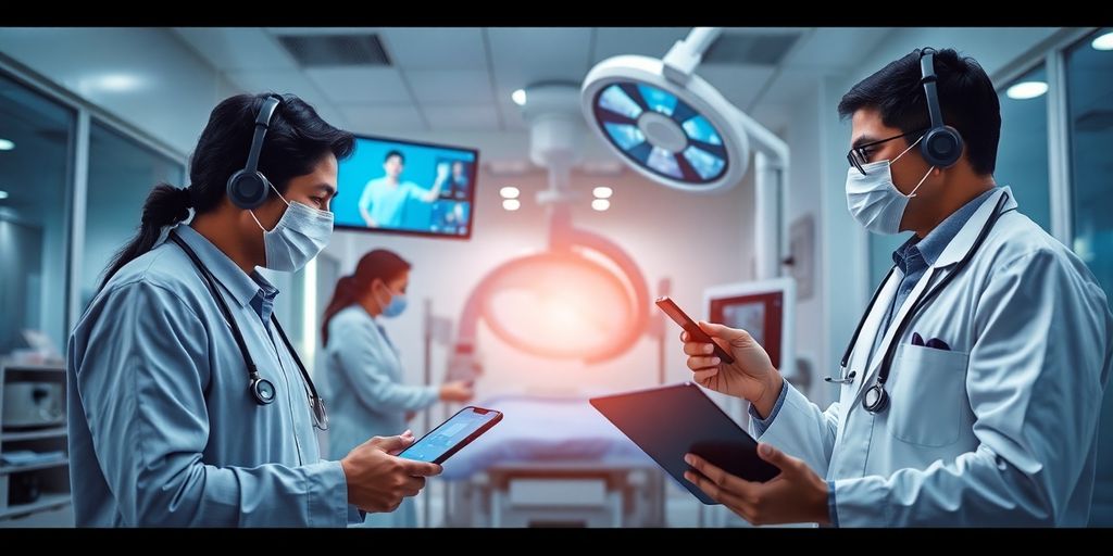 Healthcare professionals using technology in a modern setting.